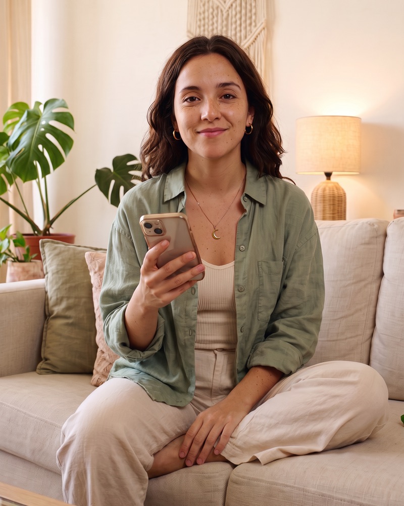 Mujer sonriendo en su sillón con el celular en la mano